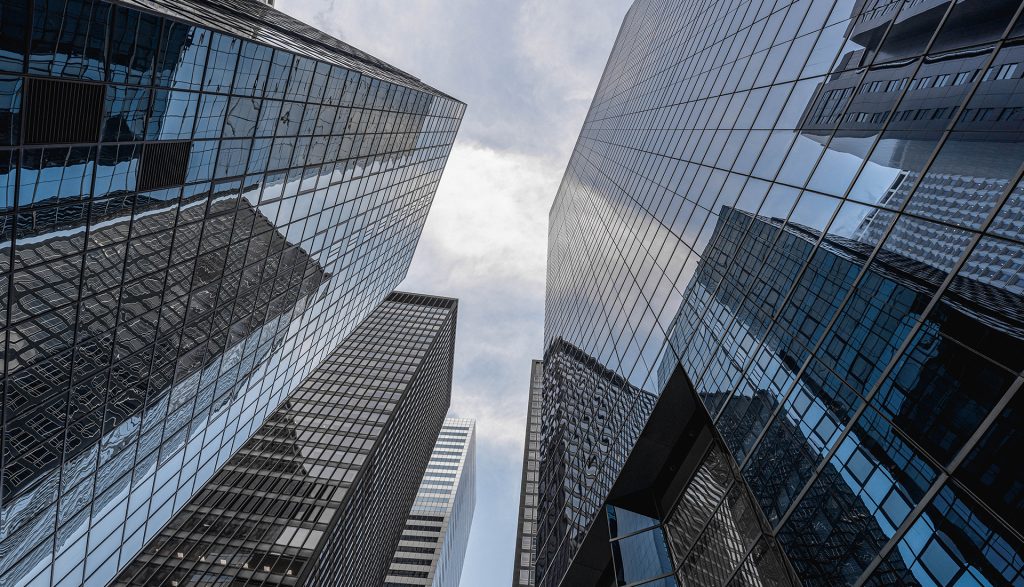 View of skyscrapers reaching toward the sky.