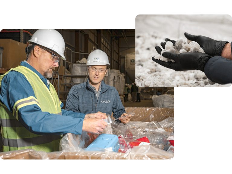 Agilyx employees look at plastic waste feedstock in the chemical recycling facility in Tigard, Oregon.