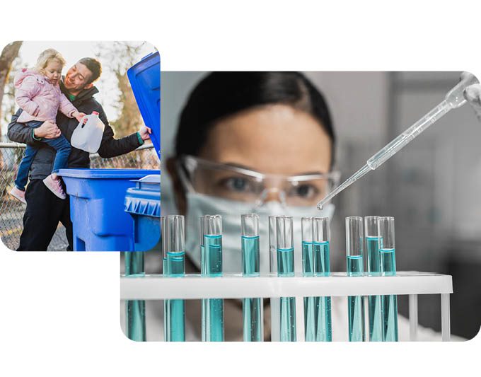 A man and his daughter recycling curbside, and a woman working in a lab