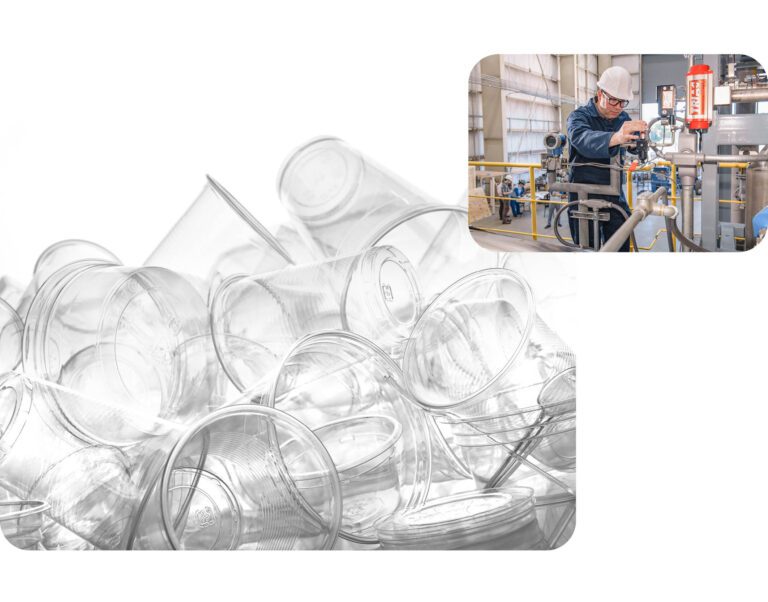 Polystyrene cups and an Agilyx employee working with Agilyx's advanced recycling technology, Styrenyx.