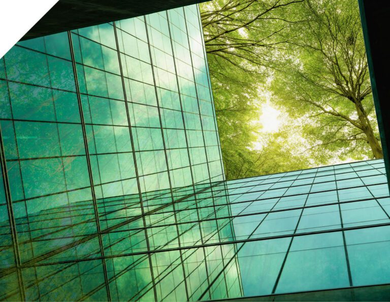 Eco-friendly building in the modern city. Green tree branches with leaves and sustainable glass building for reducing heat and carbon dioxide. Office building with green environment. Go green concept.